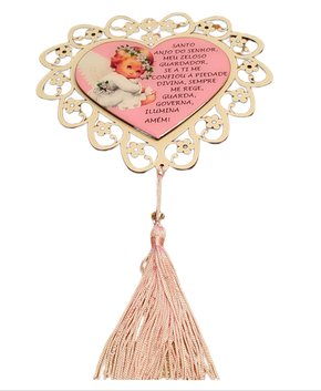 Adorno Coração Anjo da Guarda Resinado Rosa