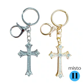 Chaveiro CRUZ MISTA PRATA E DOURADO COM Strass - Modelo 11 (12 Unidades)