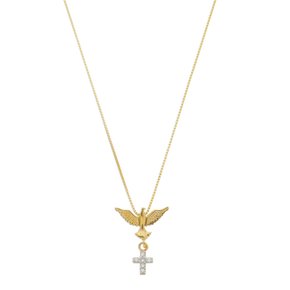 Colar Dourado Com Medalha Divino Espírito Santo e Cruz