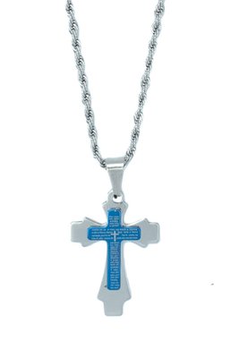 Corrente Aço Inoxidável com Crucifixo Pai Nosso Azul (Unidade)
